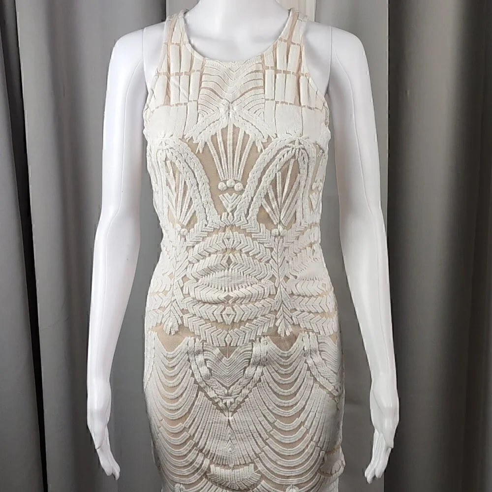 Tea & Cup Cream Bodycon Fitted & Lined Cotton Mini Dress. Size Small - Picture 2 of 13